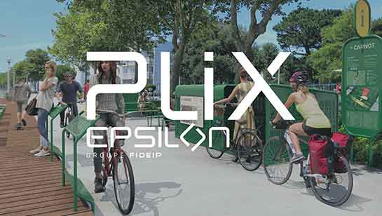 Mobiliers urbains PLIX, marque lancée par EPSILON avec logo devant