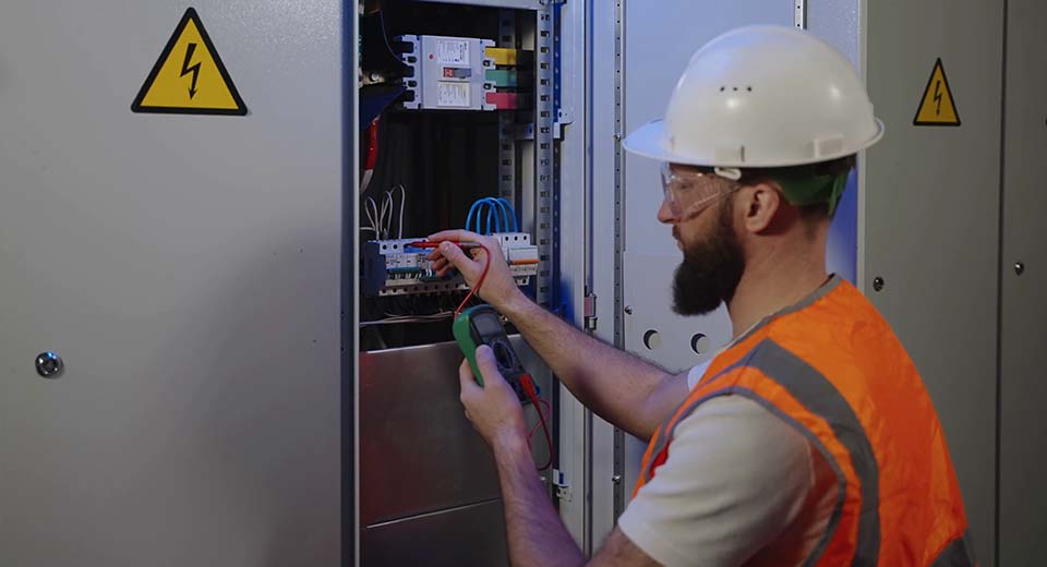 Technicien de maintenance en train d'intervenir sur une armoire supervision